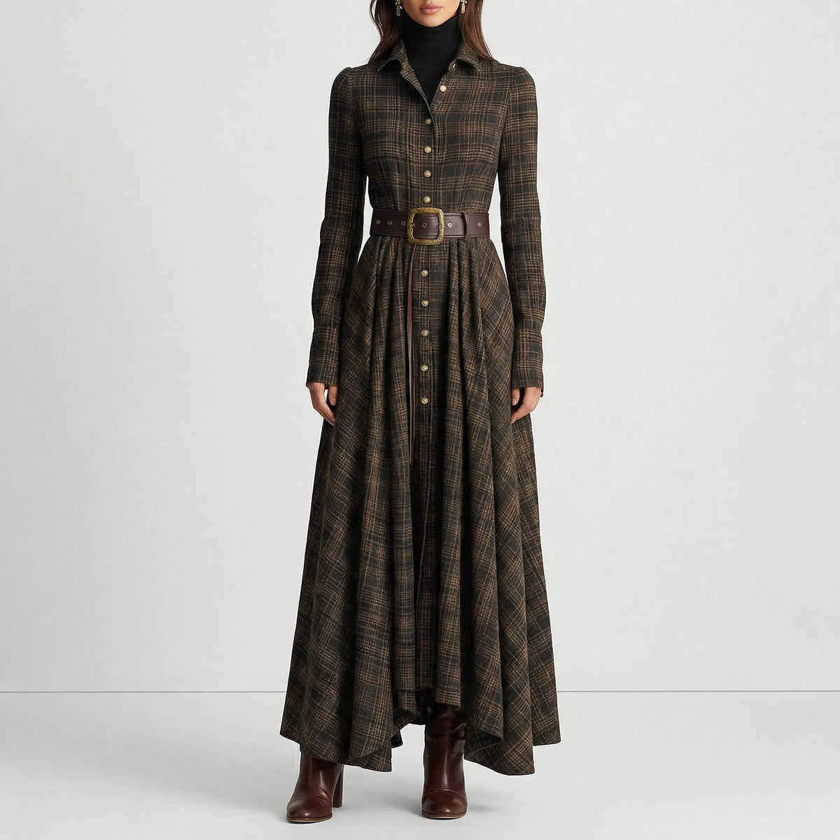 Long-Sleeved Maxi Dress with Plaid Pattern - Bethany 2