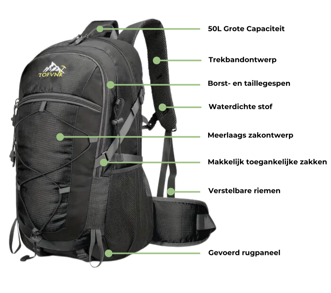 VestraGear Wandelrugzak 50L – Waterbestendig & Lichtgewicht