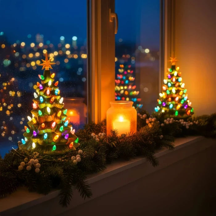 Kerstlamp in boomvorm – nostalgisch tafelboompje met ster en lichtjes