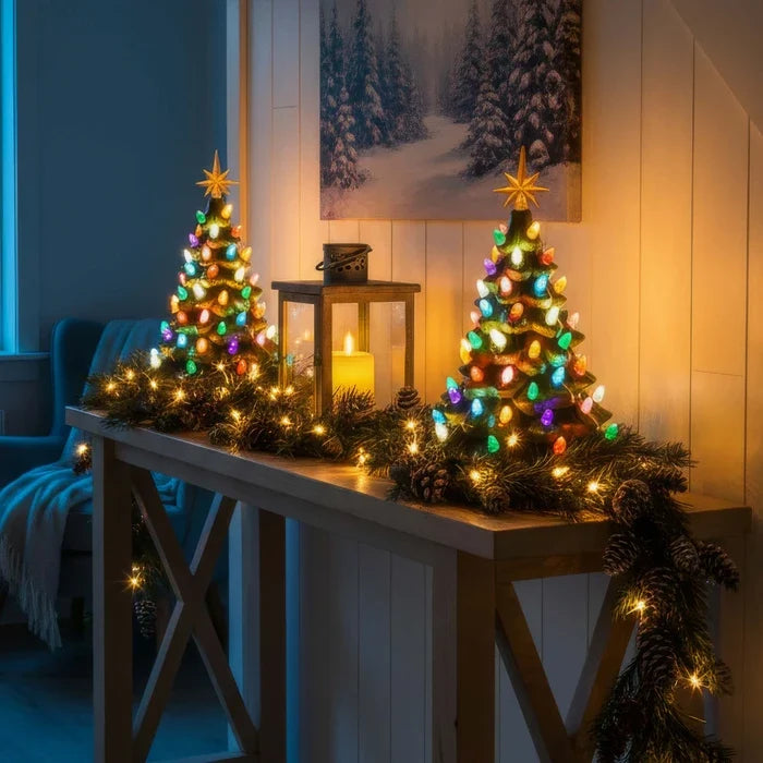 Kerstlamp in boomvorm – nostalgisch tafelboompje met ster en lichtjes