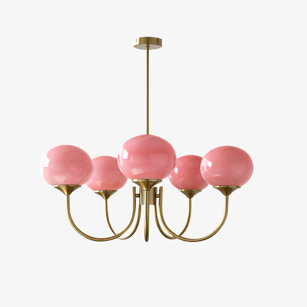 Marshmallow Chandelier | Golden Ceiling Lamp with Pink Glass Shades
