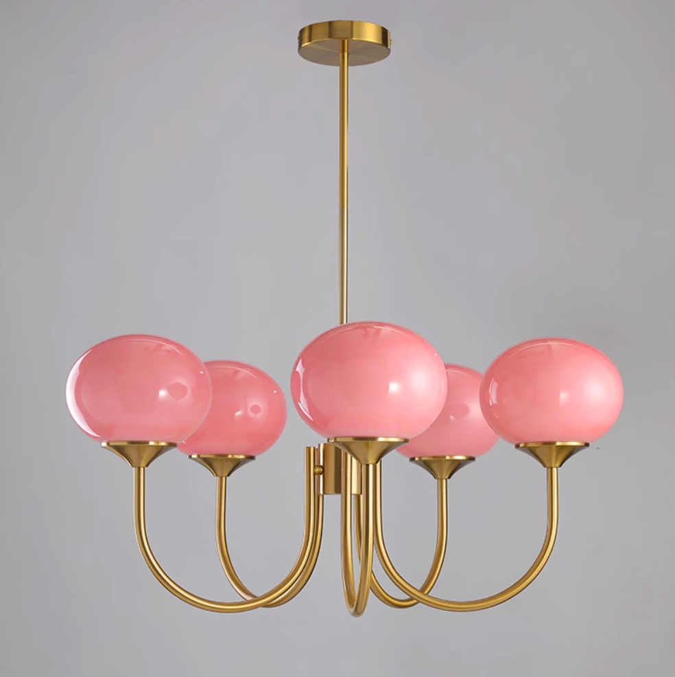 Marshmallow Chandelier | Golden Ceiling Lamp with Pink Glass Shades