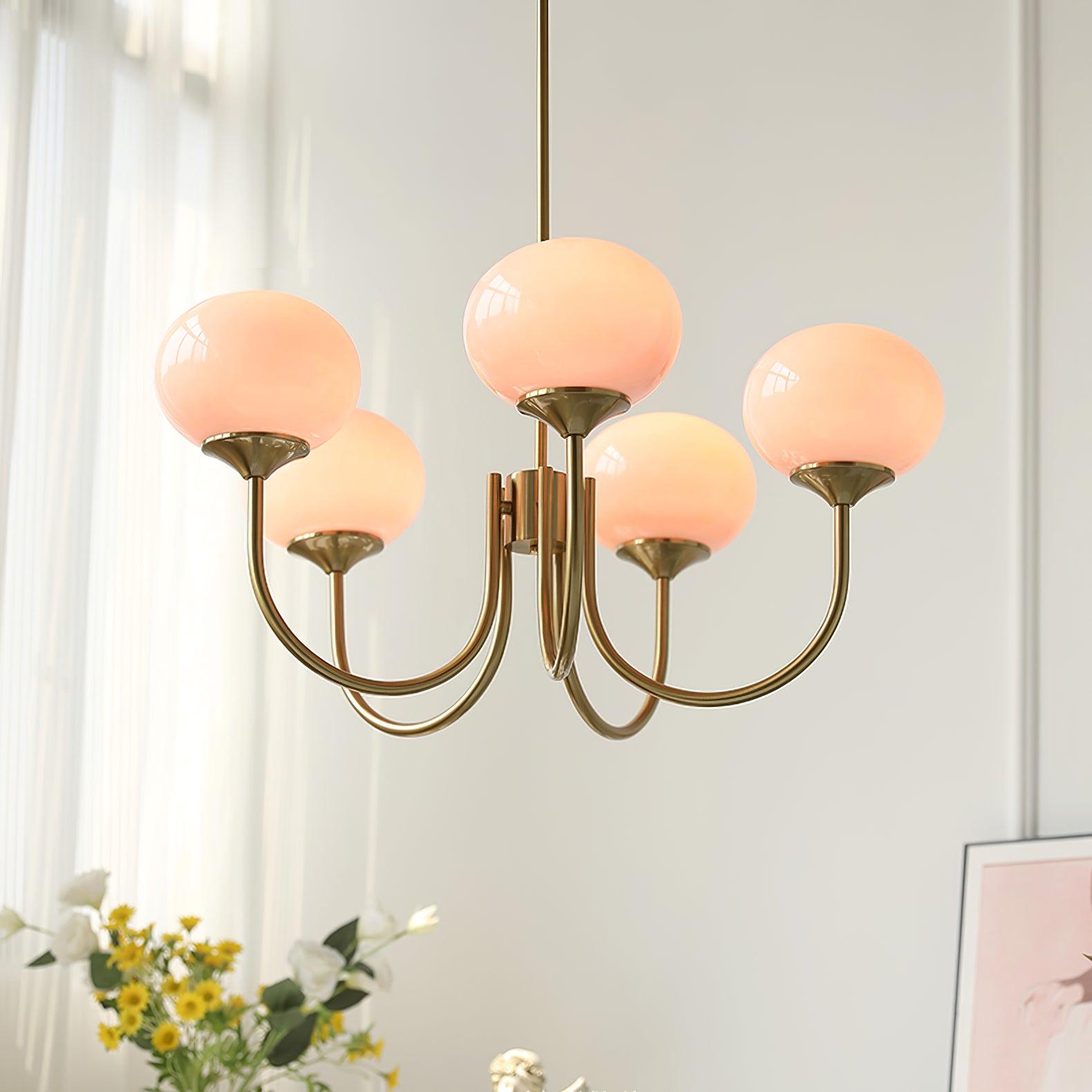 Marshmallow Chandelier | Golden Ceiling Lamp with Pink Glass Shades