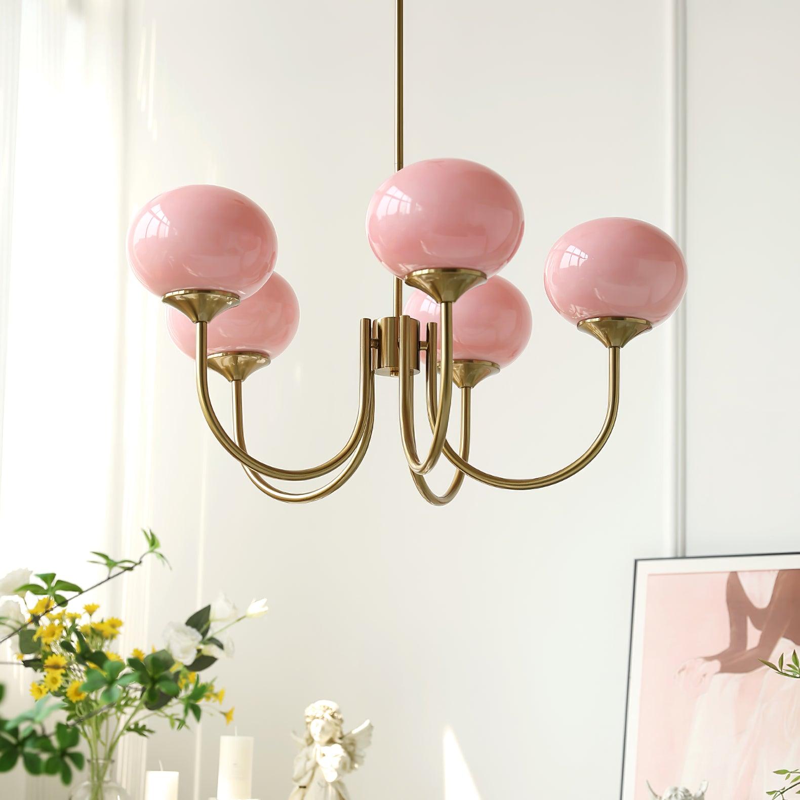 Marshmallow Chandelier | Golden Ceiling Lamp with Pink Glass Shades