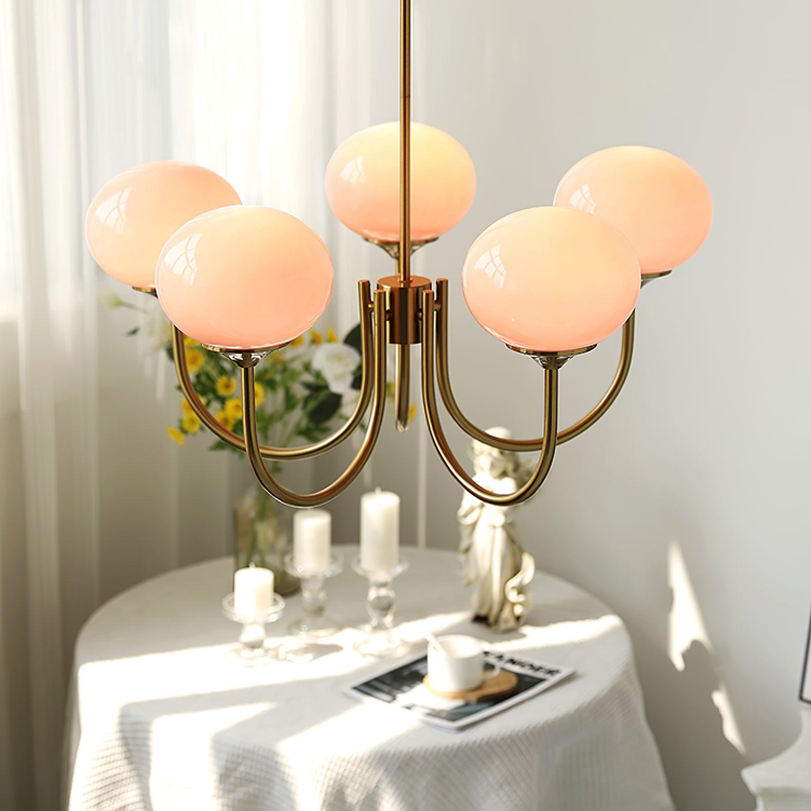 Marshmallow Chandelier | Golden Ceiling Lamp with Pink Glass Shades