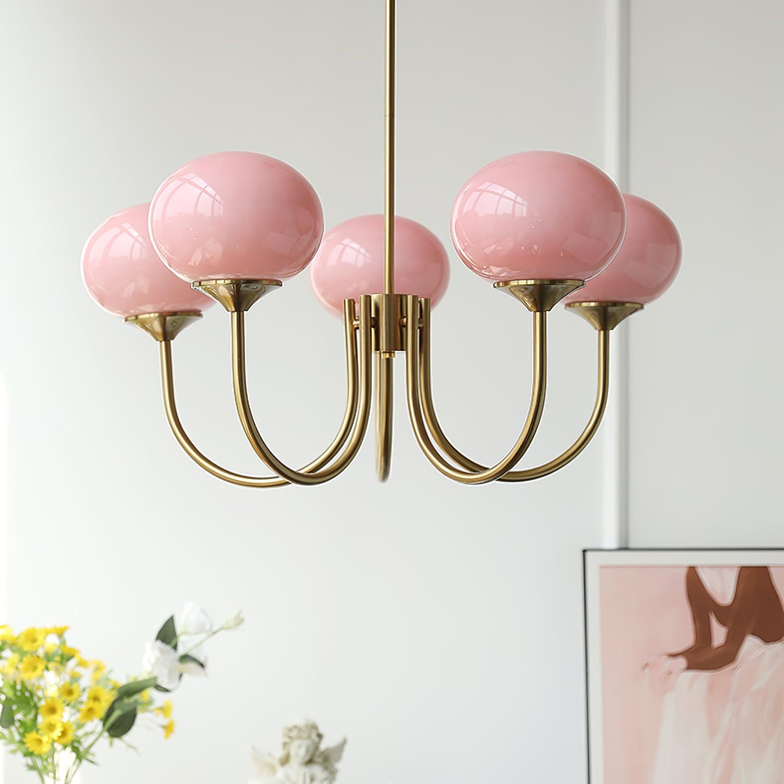 Marshmallow Chandelier | Golden Ceiling Lamp with Pink Glass Shades