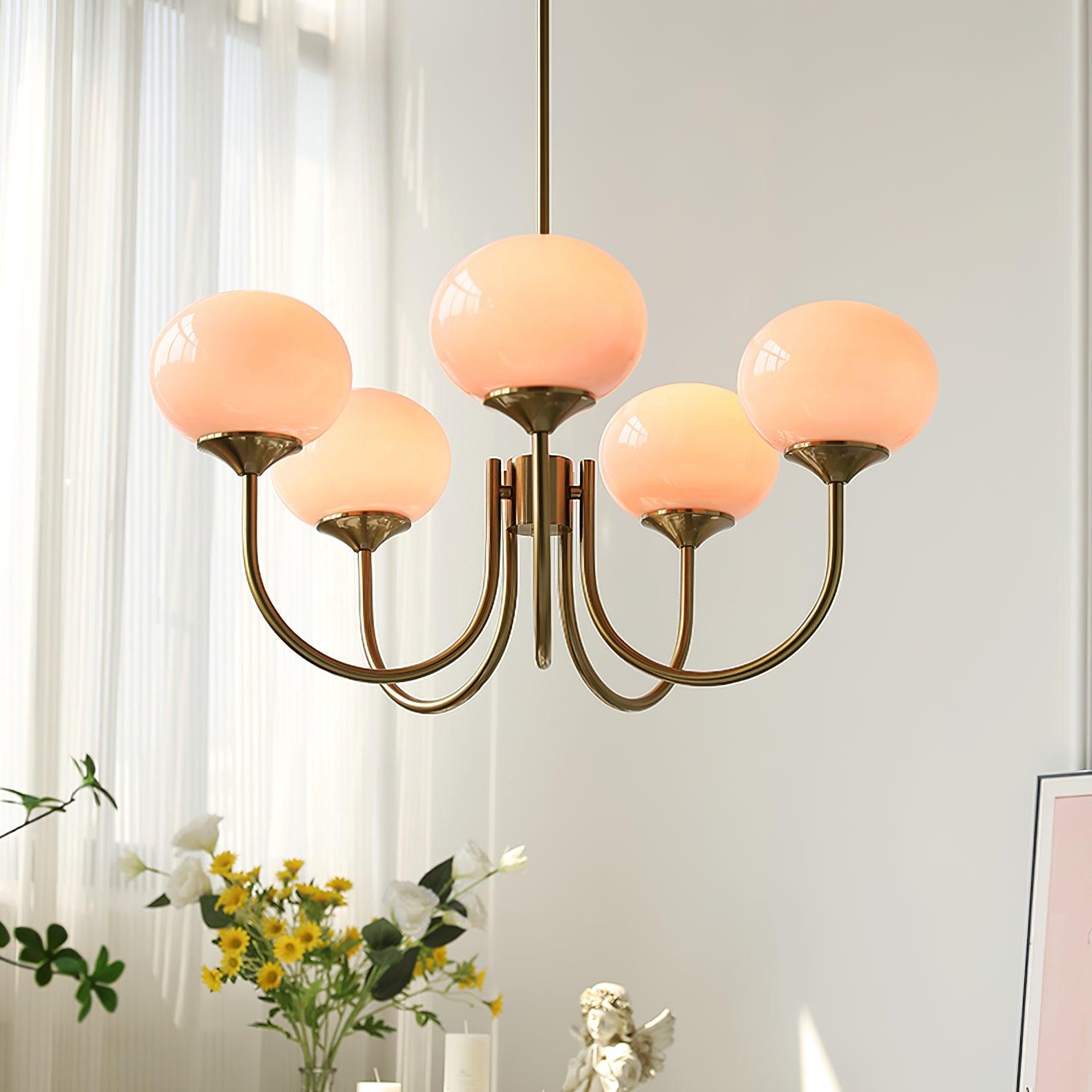 Marshmallow Chandelier | Golden Ceiling Lamp with Pink Glass Shades