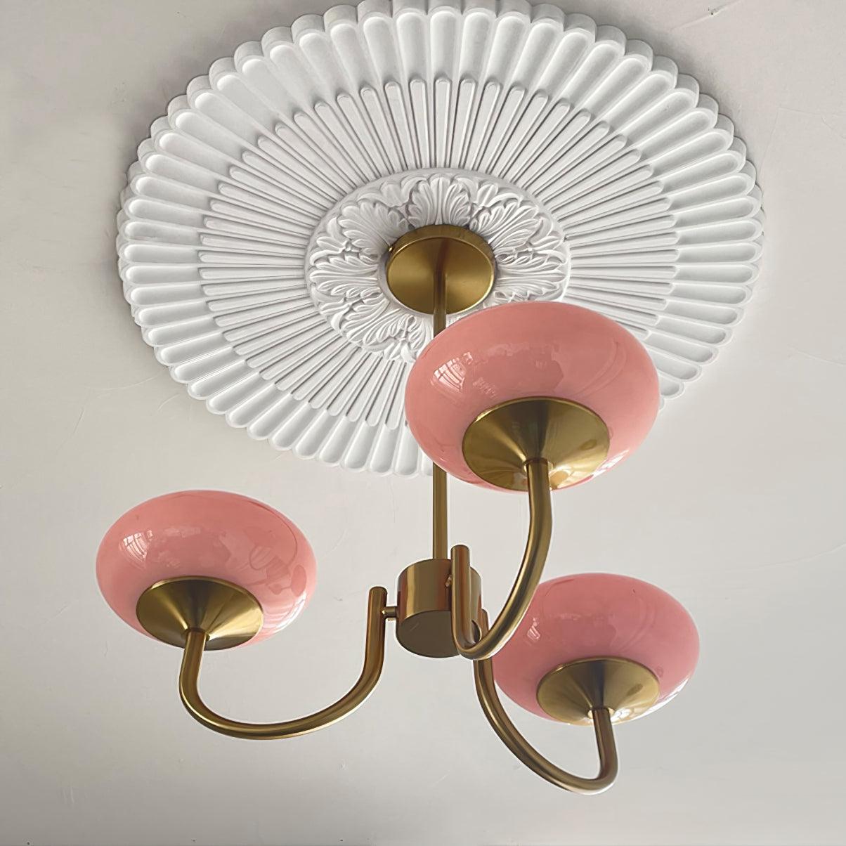 Marshmallow Chandelier | Golden Ceiling Lamp with Pink Glass Shades
