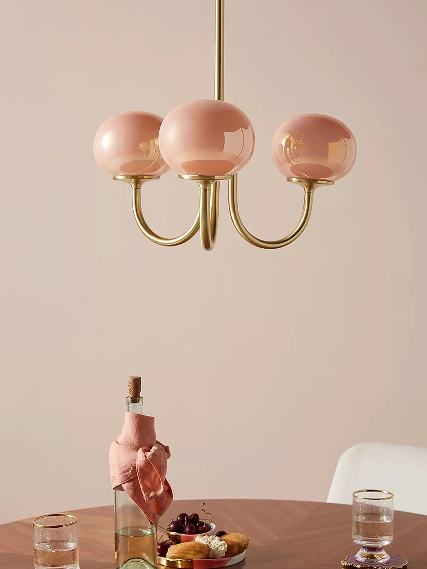 Marshmallow Chandelier | Golden Ceiling Lamp with Pink Glass Shades