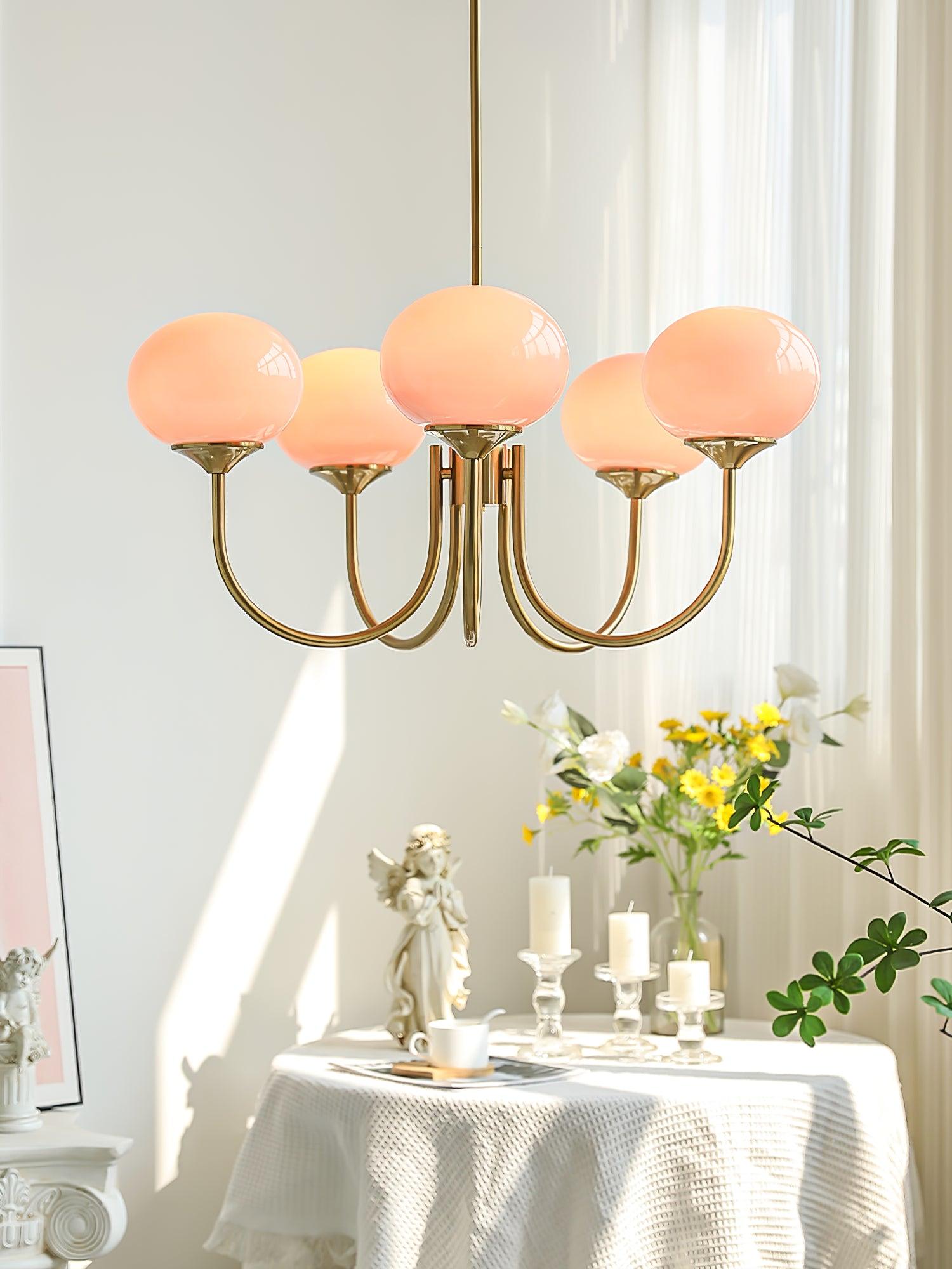 Marshmallow Chandelier | Golden Ceiling Lamp with Pink Glass Shades