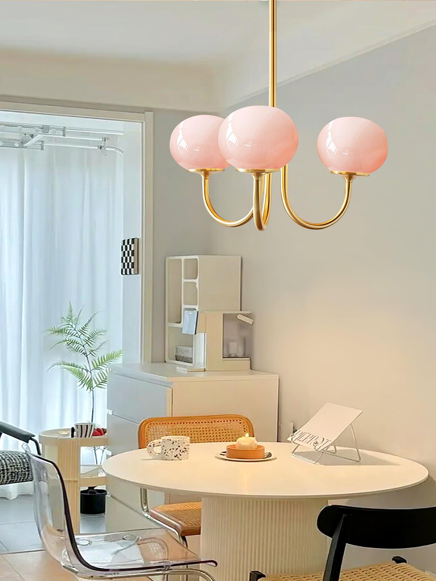 Marshmallow Chandelier | Golden Ceiling Lamp with Pink Glass Shades