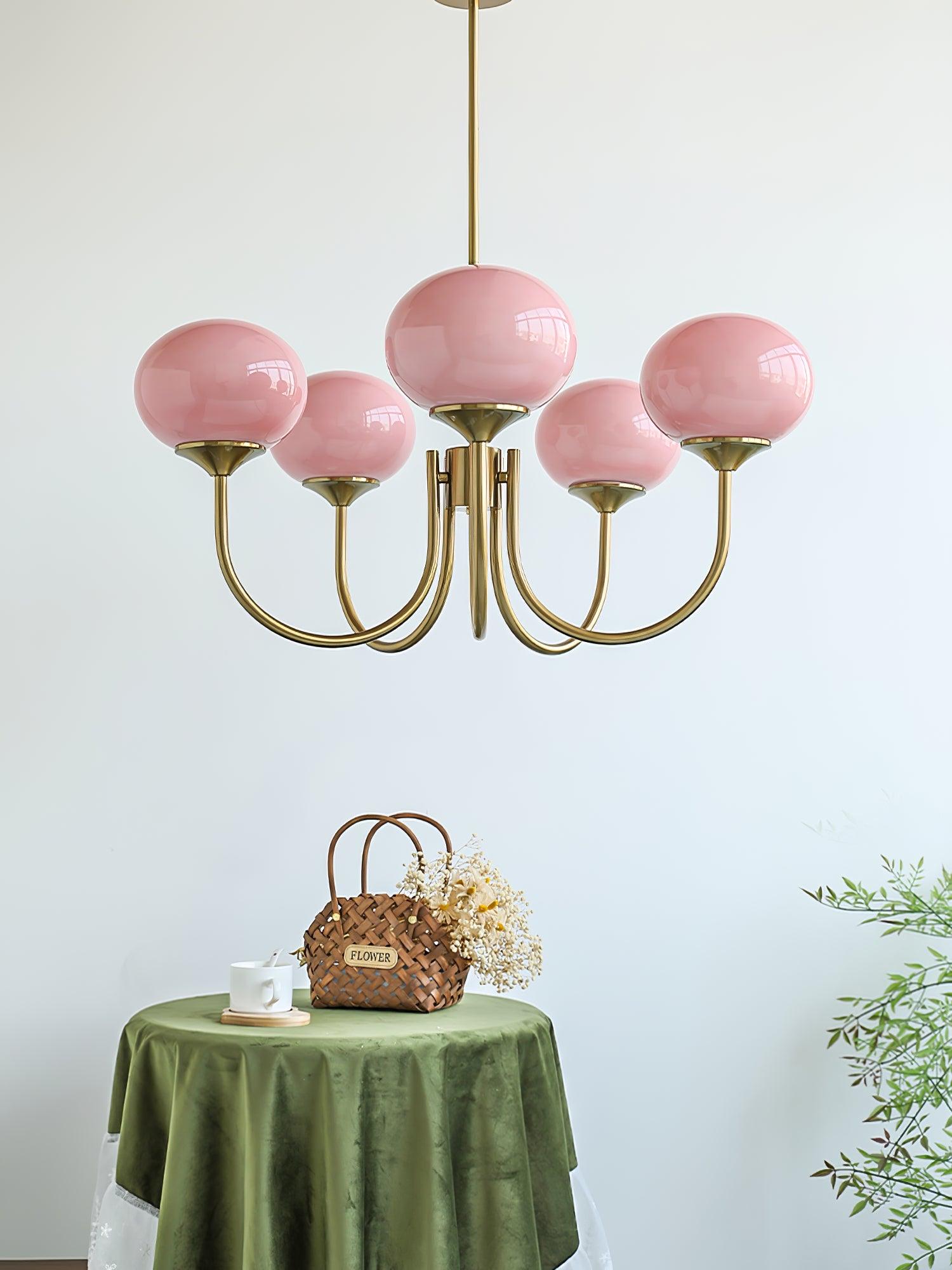 Marshmallow Chandelier | Golden Ceiling Lamp with Pink Glass Shades