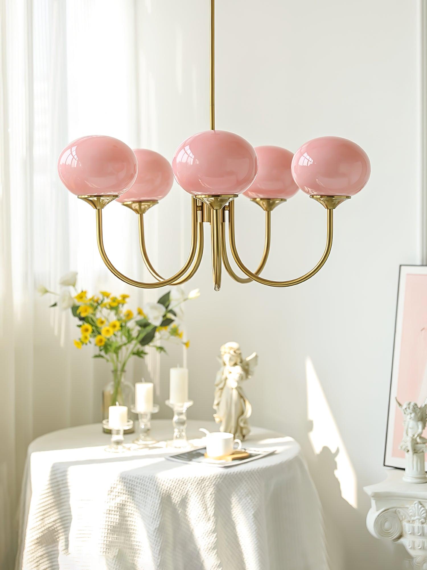Marshmallow Chandelier | Golden Ceiling Lamp with Pink Glass Shades