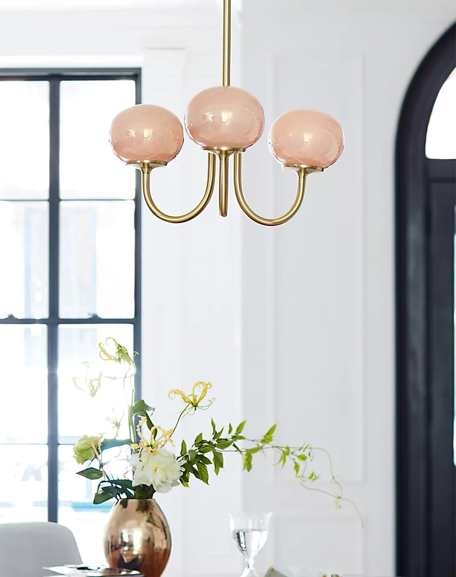 Marshmallow Chandelier | Golden Ceiling Lamp with Pink Glass Shades