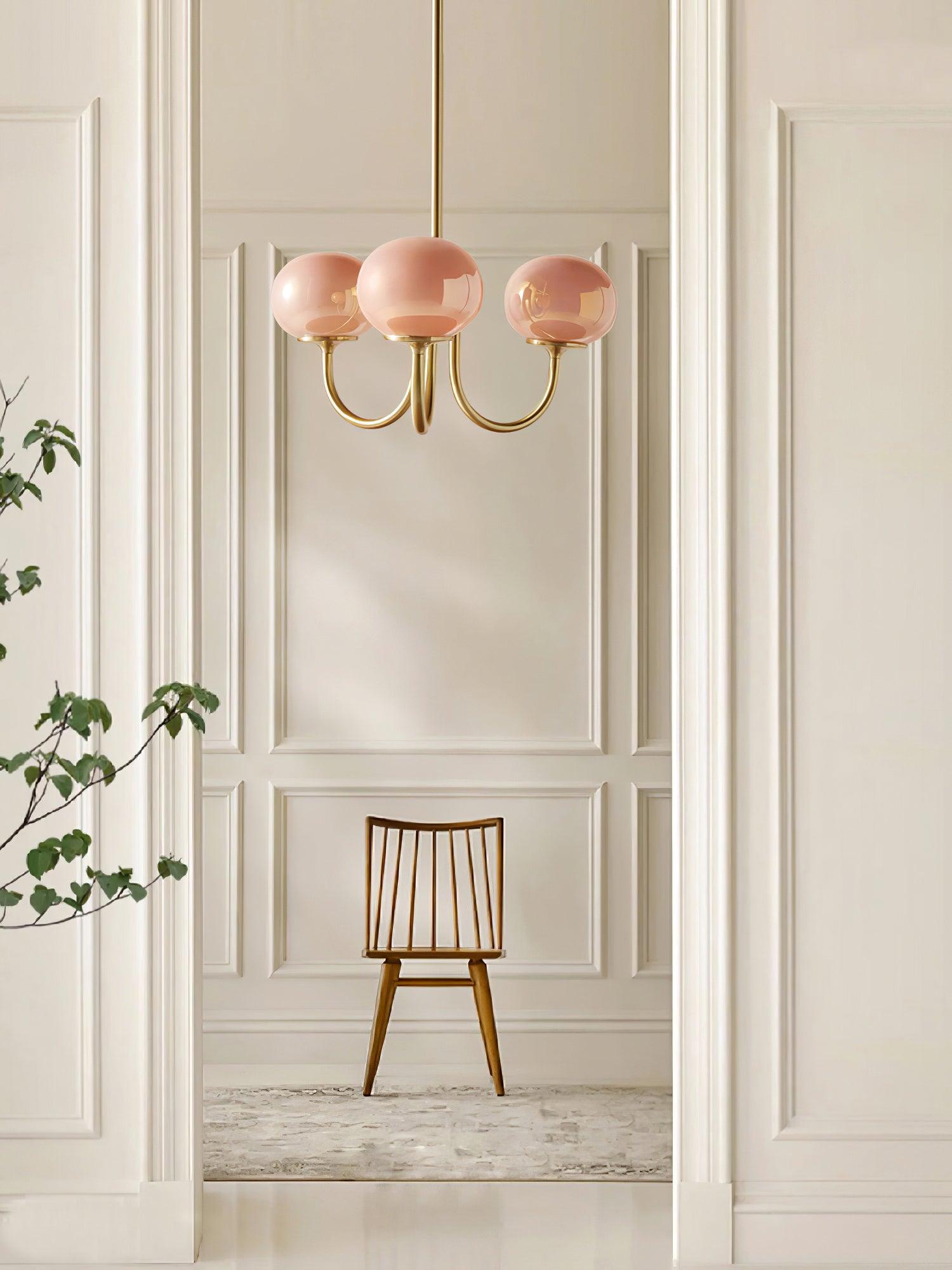 Marshmallow Chandelier | Golden Ceiling Lamp with Pink Glass Shades