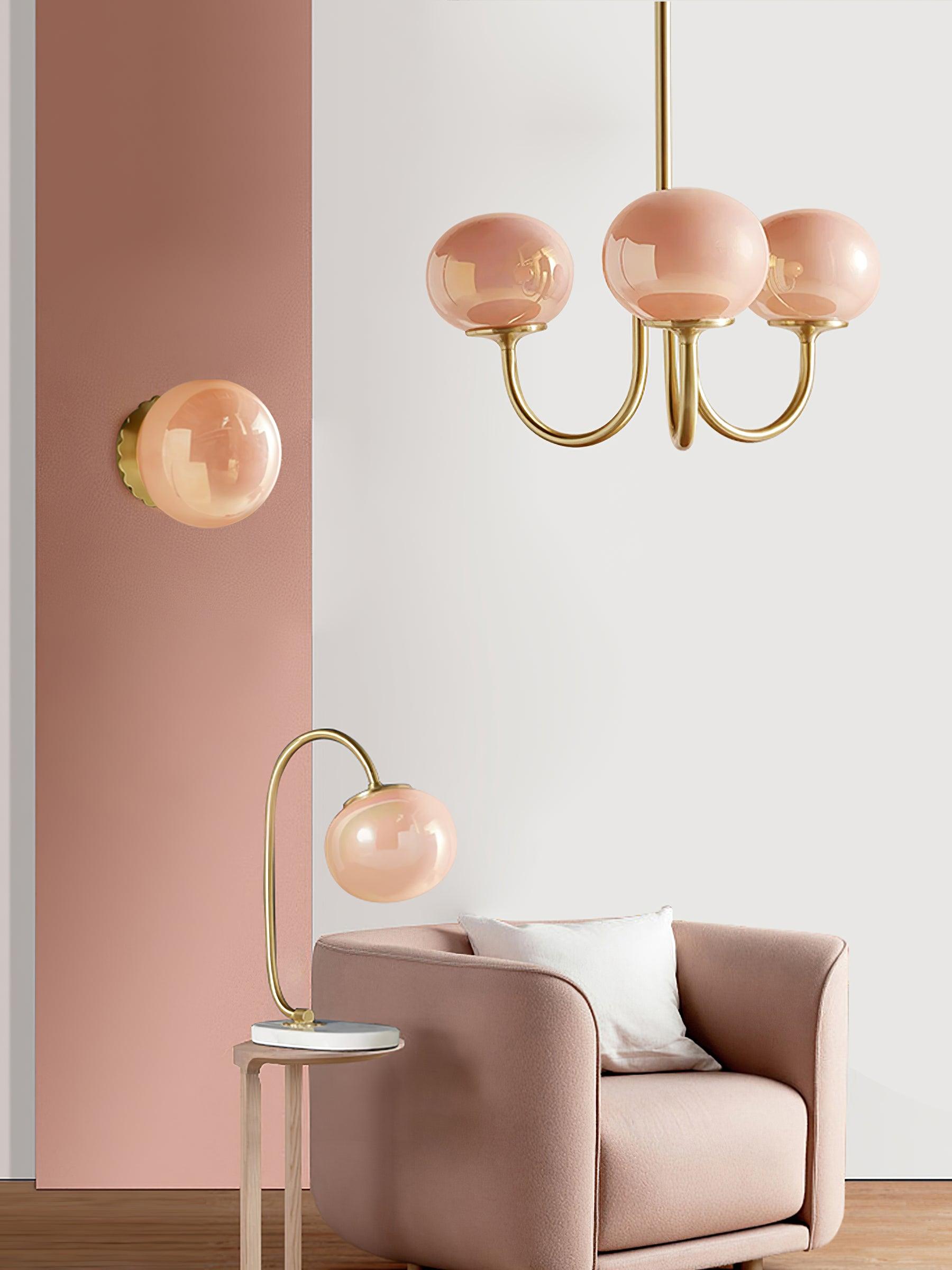 Marshmallow Chandelier | Golden Ceiling Lamp with Pink Glass Shades