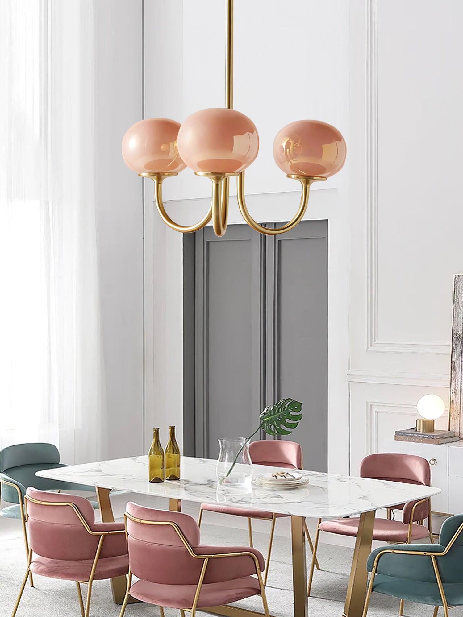 Marshmallow Chandelier | Golden Ceiling Lamp with Pink Glass Shades