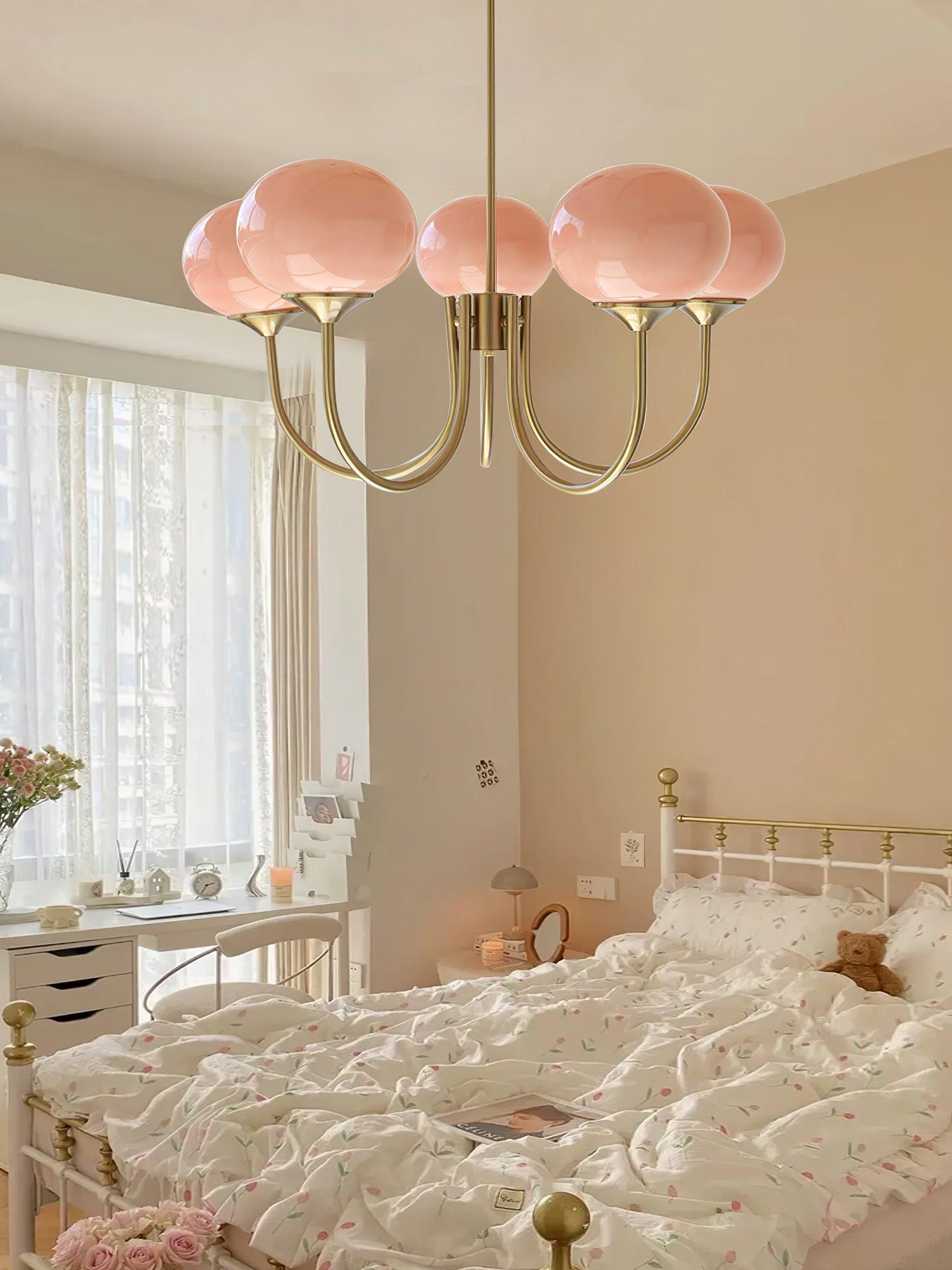 Marshmallow Chandelier | Golden Ceiling Lamp with Pink Glass Shades