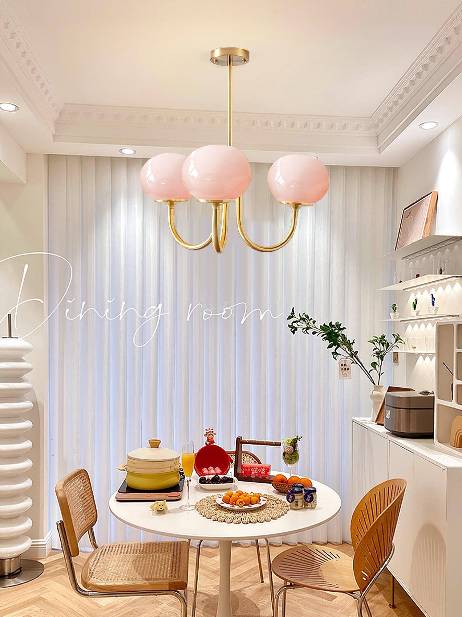 Marshmallow Chandelier | Golden Ceiling Lamp with Pink Glass Shades