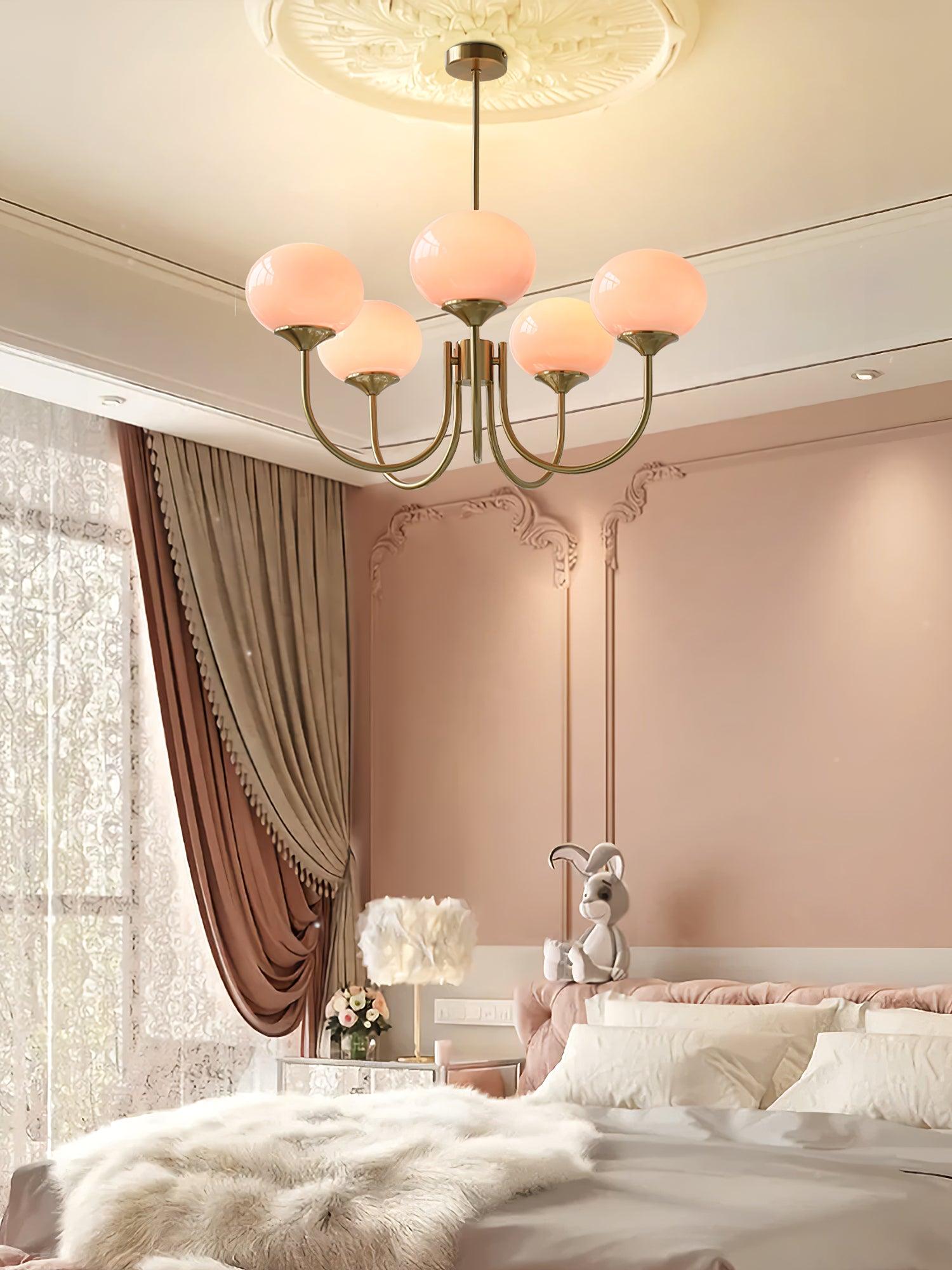 Marshmallow Chandelier | Golden Ceiling Lamp with Pink Glass Shades