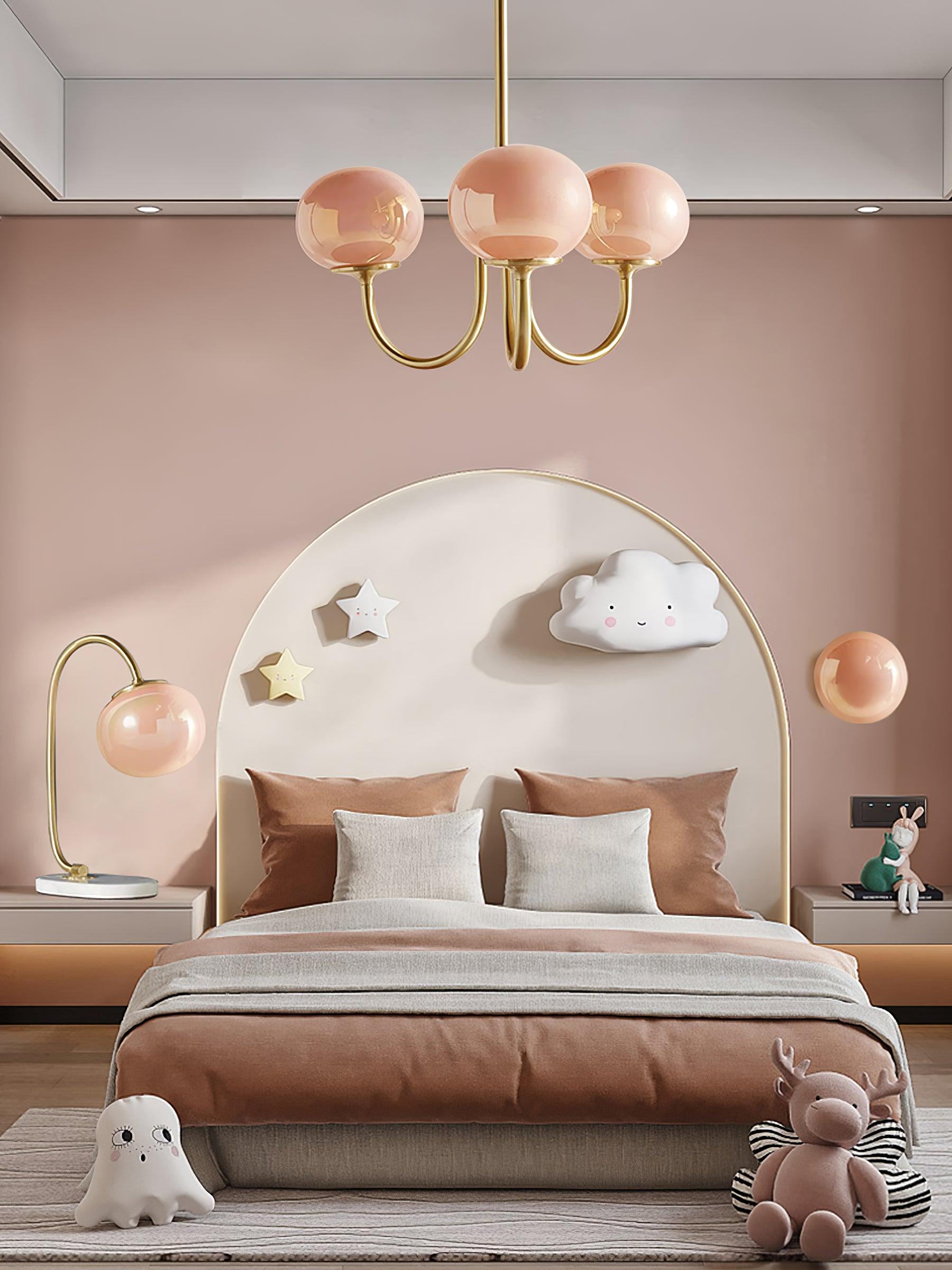 Marshmallow Chandelier | Golden Ceiling Lamp with Pink Glass Shades