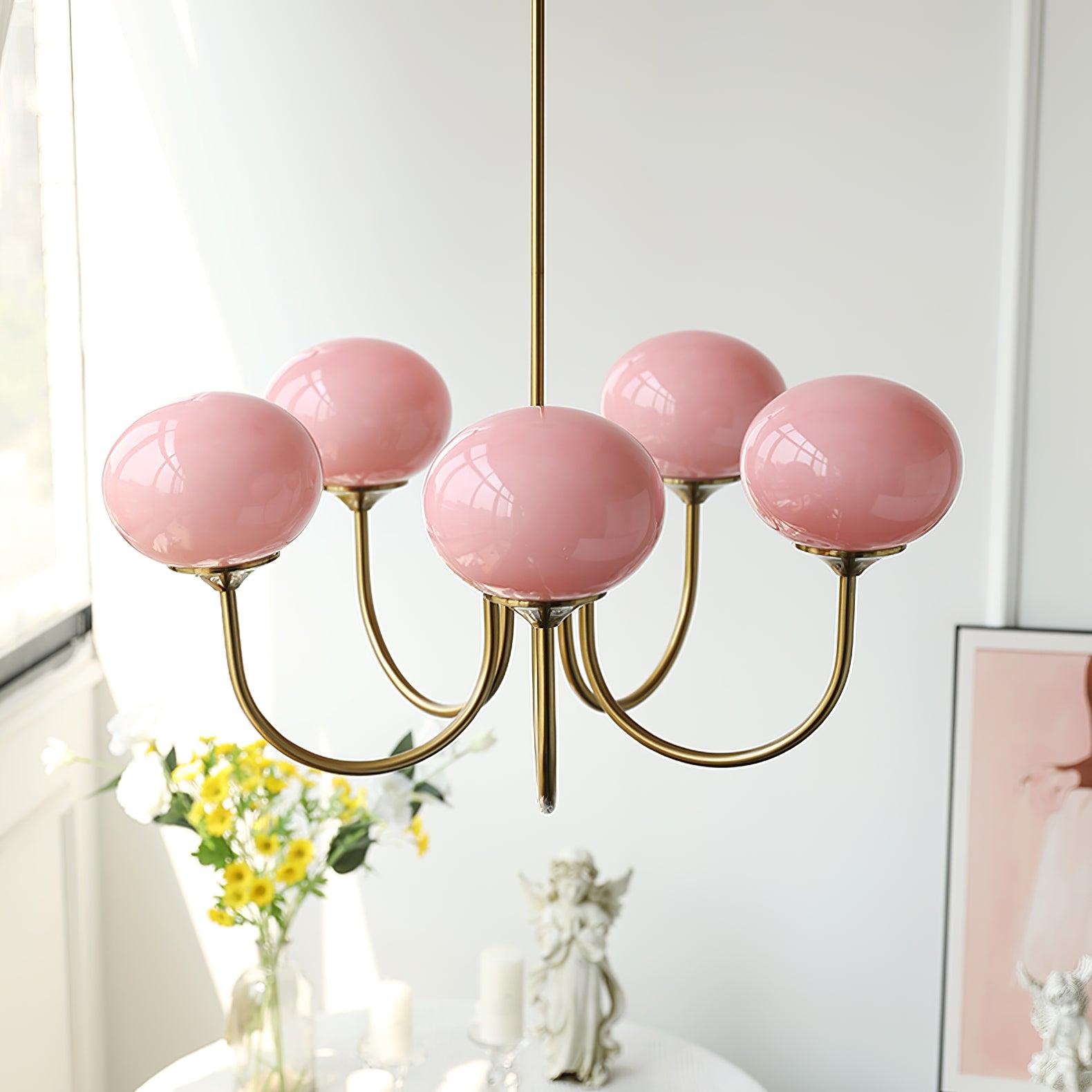Marshmallow Chandelier | Golden Ceiling Lamp with Pink Glass Shades