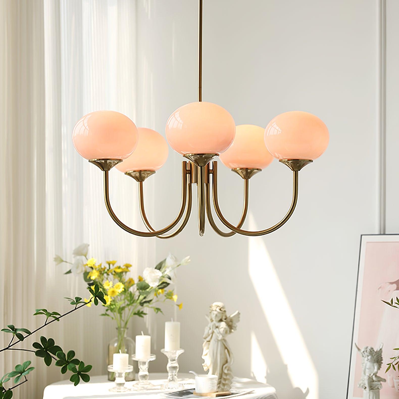 Marshmallow Chandelier | Golden Ceiling Lamp with Pink Glass Shades