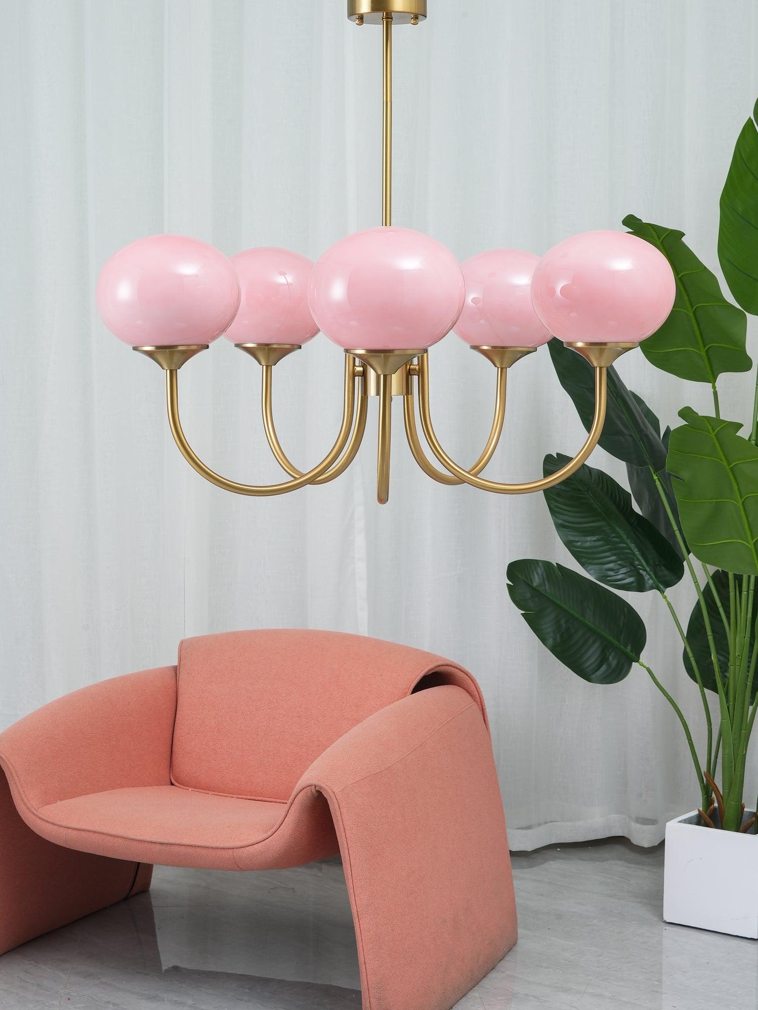 Marshmallow Chandelier | Golden Ceiling Lamp with Pink Glass Shades
