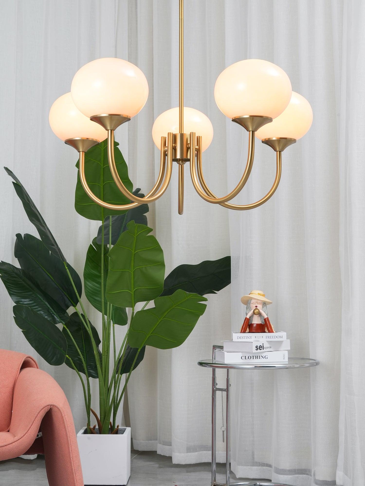 Marshmallow Chandelier | Golden Ceiling Lamp with Pink Glass Shades