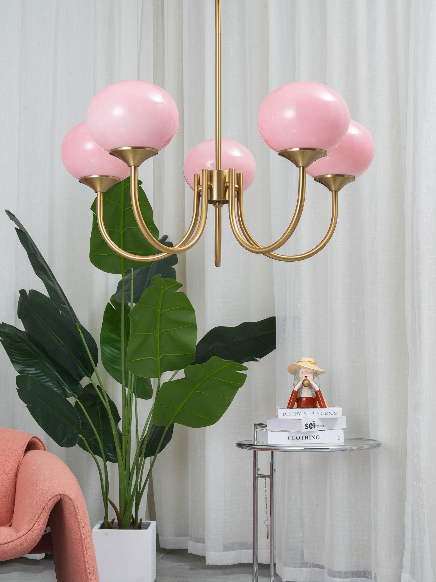 Marshmallow Chandelier | Golden Ceiling Lamp with Pink Glass Shades