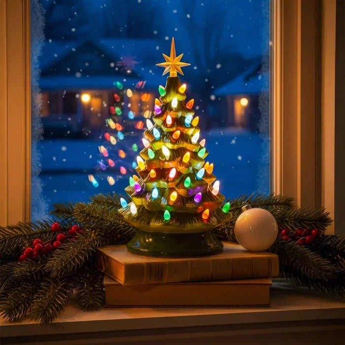 Kerstlamp in boomvorm – nostalgisch tafelboompje met ster en lichtjes