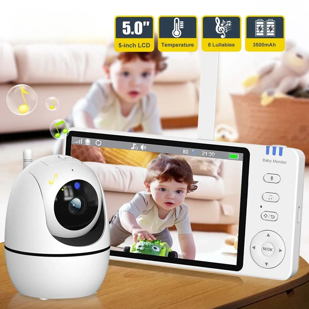 Video-Babyphone mit Kamera, 5 Zoll HD-Bildschirm, Nachtsicht und Temperatursensor  