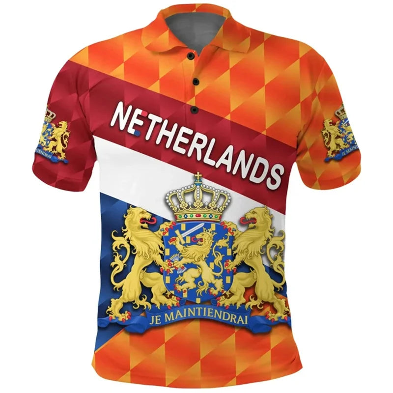 Poloshirt Heren met 3D Nederlandse Vlag, Casual Zomerstijl, Katoen, Korte Mouwen 11