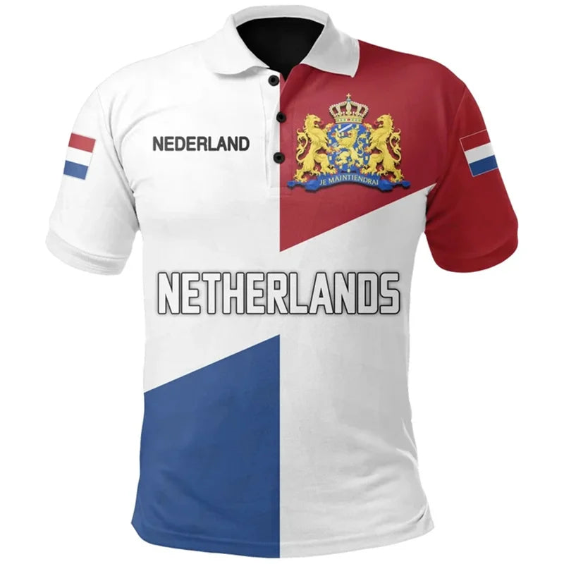 Poloshirt Heren met 3D Nederlandse Vlag, Casual Zomerstijl, Katoen, Korte Mouwen 2