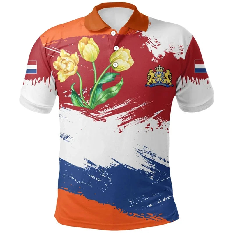 Poloshirt Heren met 3D Nederlandse Vlag, Casual Zomerstijl, Katoen, Korte Mouwen 3