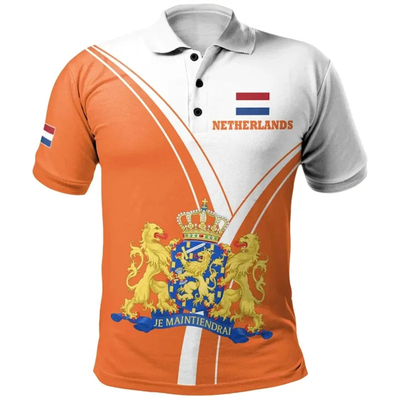 Poloshirt Heren met 3D Nederlandse Vlag, Casual Zomerstijl, Katoen, Korte Mouwen 4