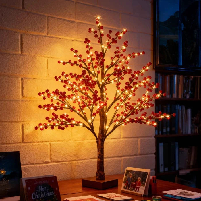 Verlicht decoratieboompje met rode besjes – sfeervolle lamp voor tafel en hal