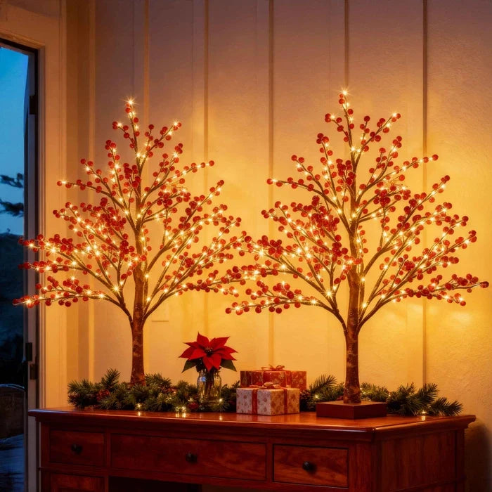 Verlicht decoratieboompje met rode besjes – sfeervolle lamp voor tafel en hal