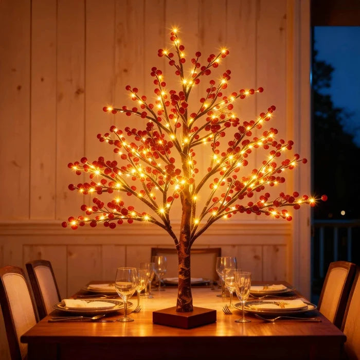 Verlicht decoratieboompje met rode besjes – sfeervolle lamp voor tafel en hal