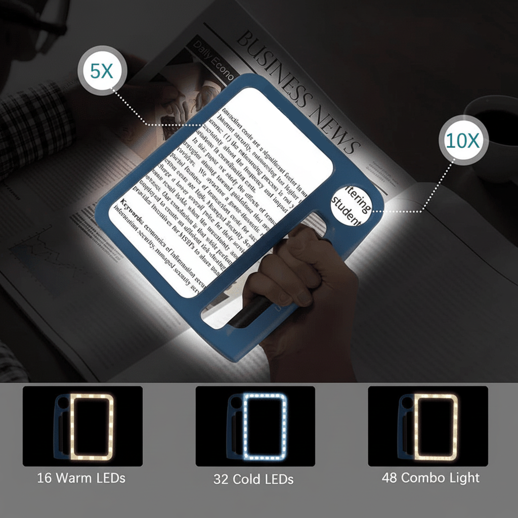 Reading magnifier with light – Hand magnifier with LED lamp and 5x/10x magnification