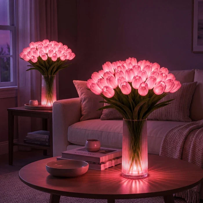Sfeerlamp met tulpen – kunstbloemen die elk een eigen warm lampje dragen