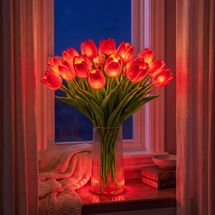 Sfeerlamp met tulpen – kunstbloemen die elk een eigen warm lampje dragen