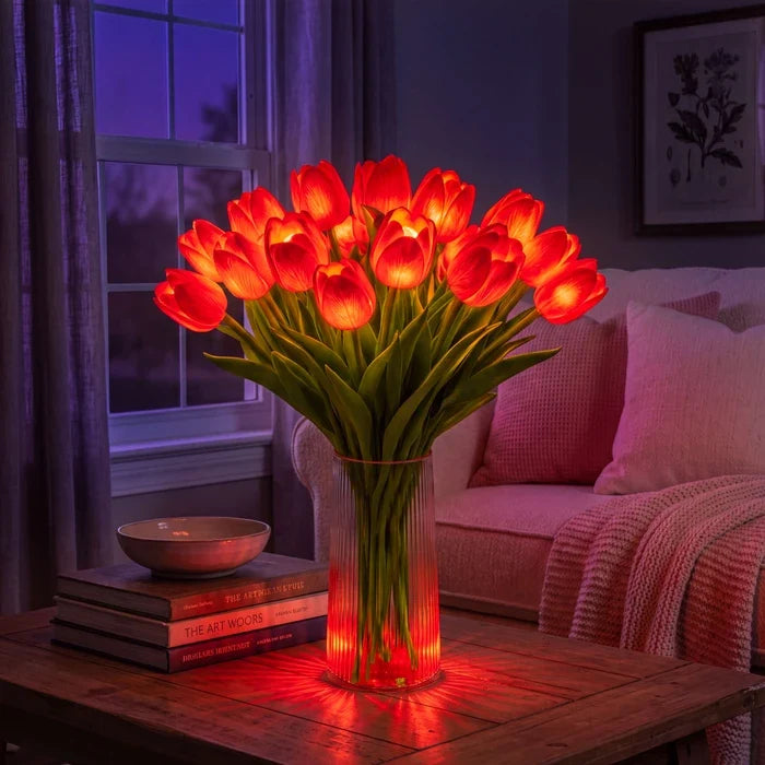 Sfeerlamp met tulpen – kunstbloemen die elk een eigen warm lampje dragen