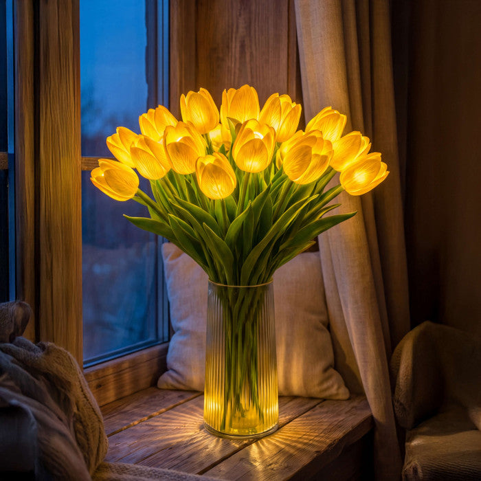 Sfeerlamp met tulpen – kunstbloemen die elk een eigen warm lampje dragen