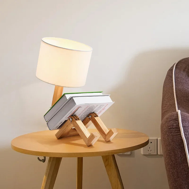RutanFlex Verstelbare Houten Robot Tafellamp met Boekenhouder