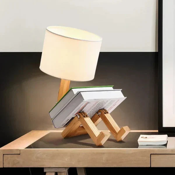 RutanFlex Verstelbare Houten Robot Tafellamp met Boekenhouder