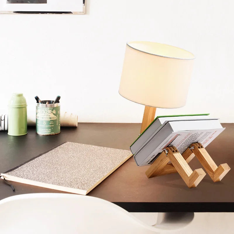 RutanFlex Verstelbare Houten Robot Tafellamp met Boekenhouder