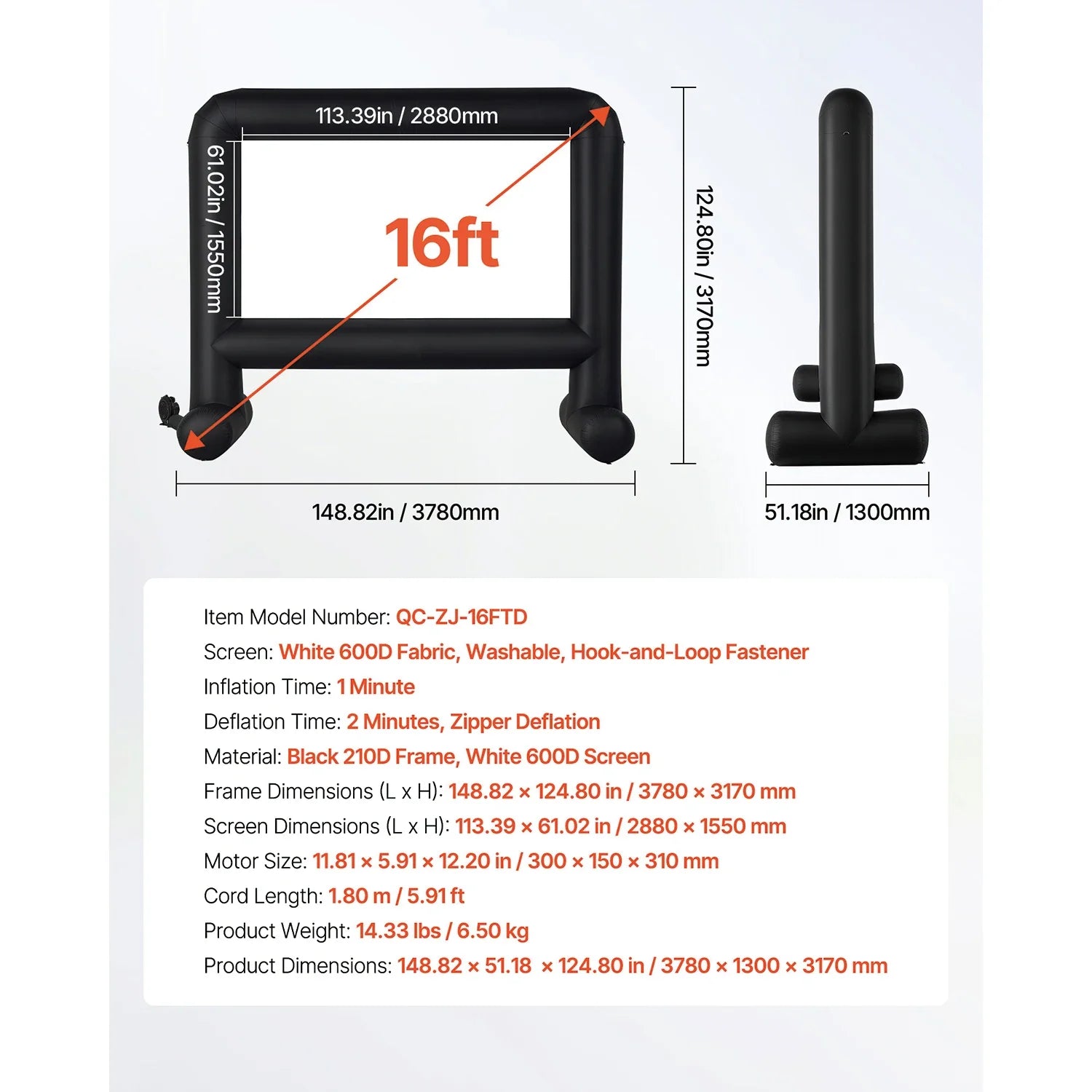 SucceBuy 14/15/16/18/20 FT Inflatable Projector Screen with 120W Air Blower Projector Screen for Outdoor Theater Theme Party VestraGear