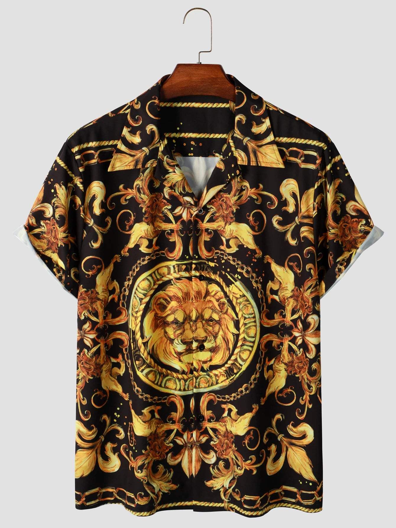 Valenthor – Barock Herrenhemd Löwenprint schwarz goldfarben – Fest- & Abendkleidung