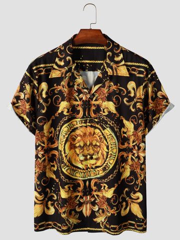 Valenthor – Barock Herrenhemd Löwenprint schwarz goldfarben – Fest- & Abendkleidung
